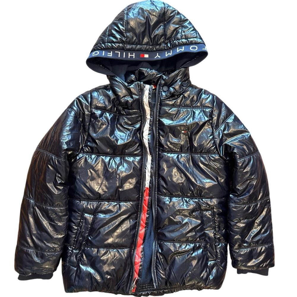 Tommy Hilfiger Boys Black Shiny Puffer Jacket Hooded Size M Medium 12-14